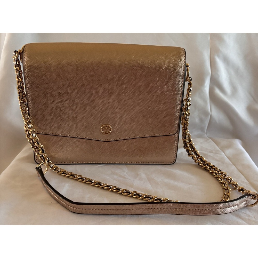 Tory Burch Robinson Convertible Metallic Rose Gold Leather Cross body New no tag